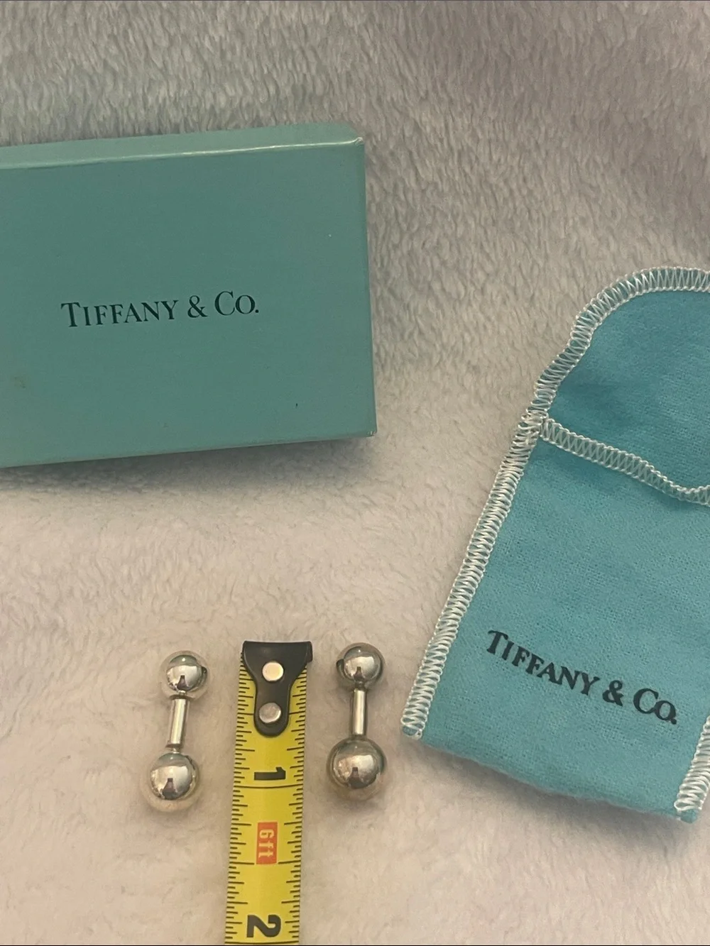 Tiffany & Co. Silver Double Ball Cufflinks with Signature Blue Pouch and box